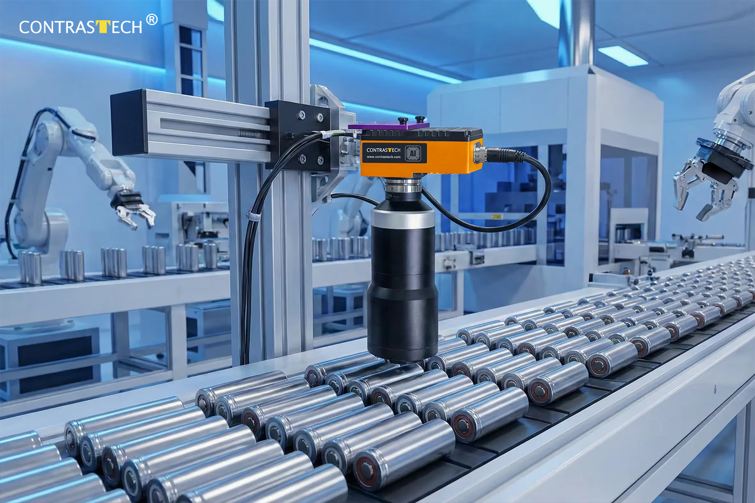 Contrastech industrial camera integrated into a gigafactory battery cell inspection system for automated machine vision quality control