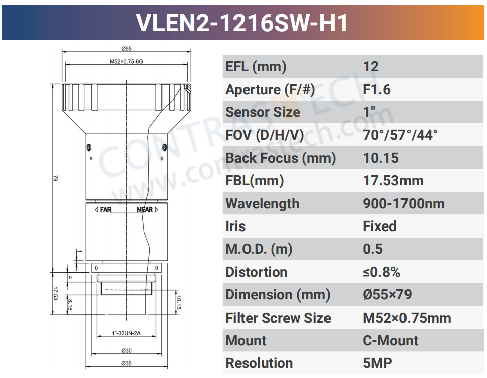 1'' Standard Fixed C-Mount SWIR Lens