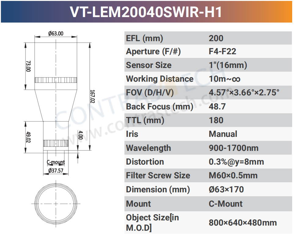 1'' Standard Fixed C-Mount SWIR Lens