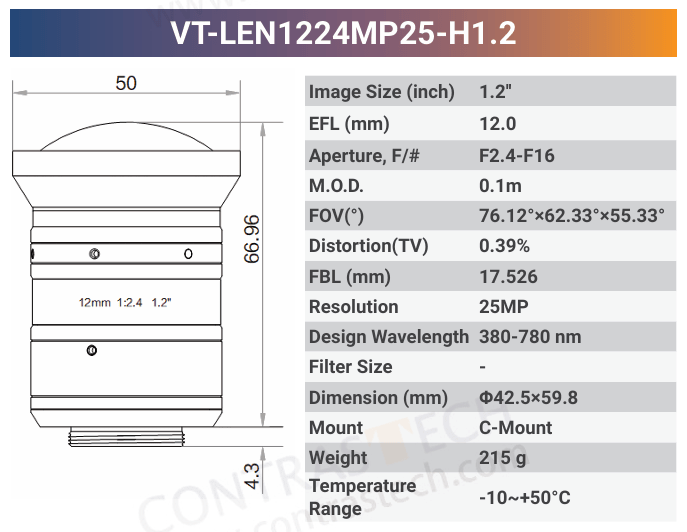 25MP 1.2'' High Resolution C-Mount Fixed Lens | 380-780nm VT-LEN-MP25-H1.2 - Contrastech