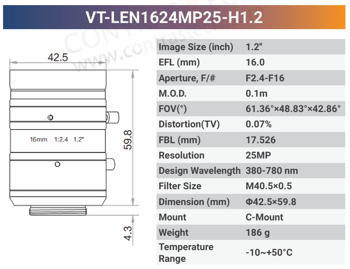 25MP 1.2'' High Resolution C-Mount Fixed Lens | 380-780nm VT-LEN-MP25-H1.2 - Contrastech