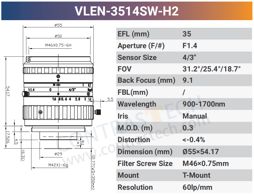 1'' Standard Fixed C-Mount SWIR Lens
