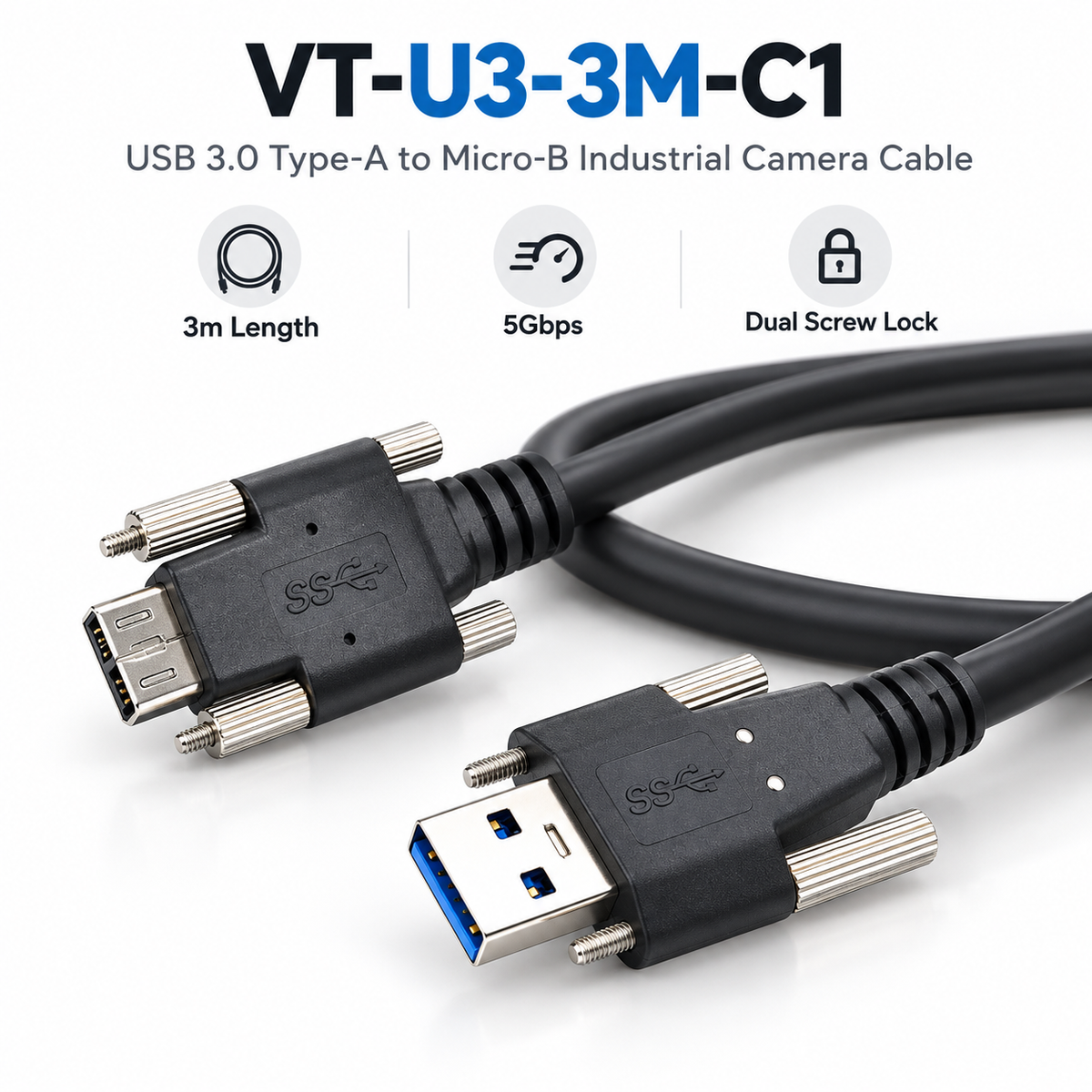 VT-U3-3M-C1 3m USB 3.0 Type-A male to Micro-B male industrial camera cable with dual-end screw locks