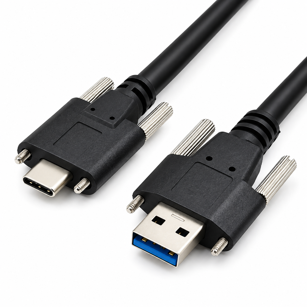 Close-up of USB 3.0 Type-A and USB-C male connectors with screw locks for secure industrial camera connections