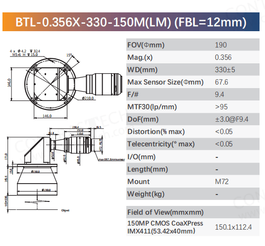 BTL-150M Series 90° Turning Telecentric Lens | Large Format Machine Vision Lens - Contrastech