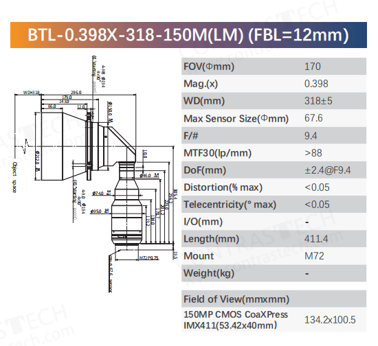 BTL-150M Series 90° Turning Telecentric Lens | Large Format Machine Vision Lens - Contrastech