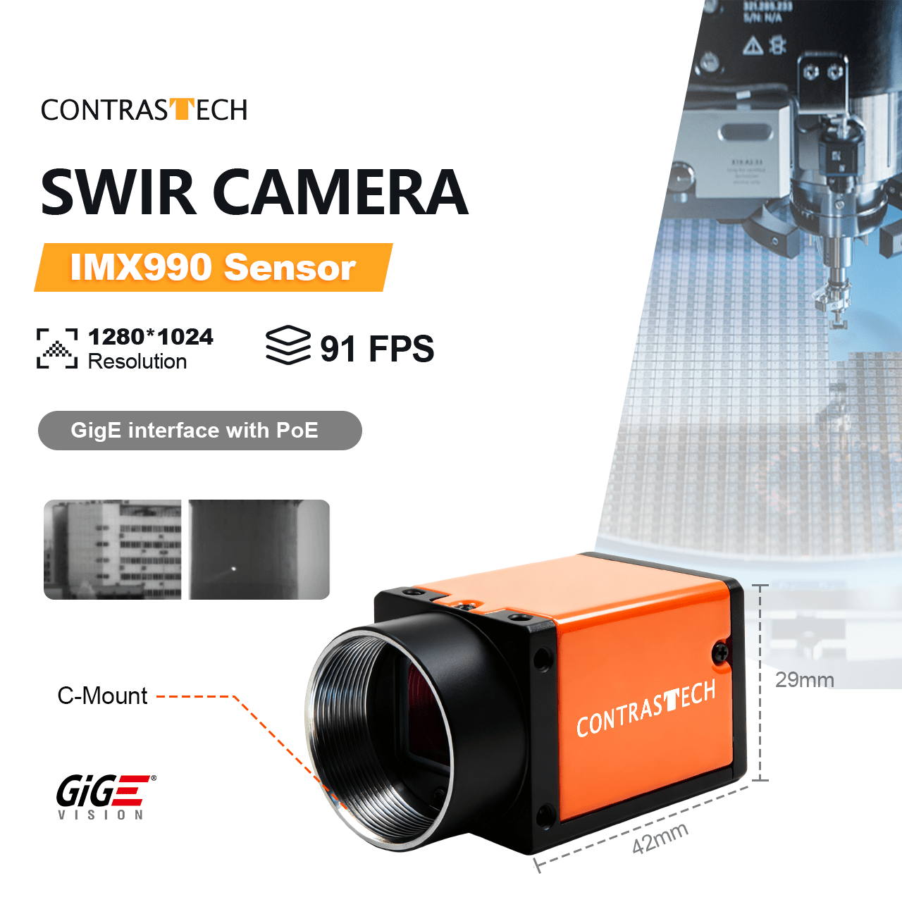 GeniCam InGaAs 1.3MP 91fps 400~1700nm GigE Vision Area Scan Industrial SWIR Imaging Camera - Contrastech