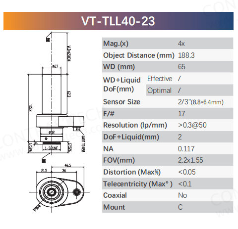 VT-TLL-23 Liquid Telecentric Lens | 2/3" C-Mount Electronic Focus Lens - Contrastech