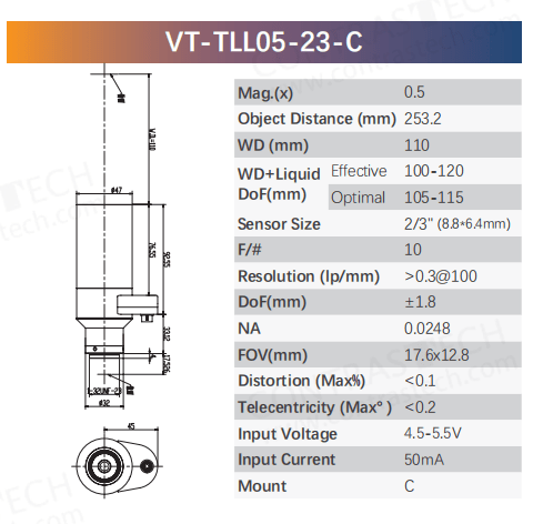 VT-TLL-23 Liquid Telecentric Lens | 2/3" C-Mount Electronic Focus Lens - Contrastech