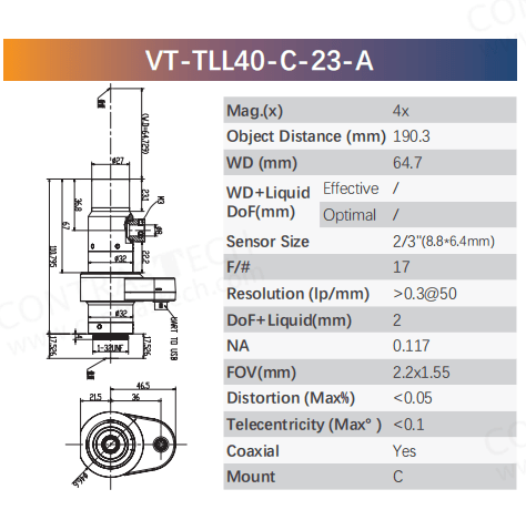 VT-TLL-23 liquid telecentric lens with electronic focus for 2/3" C-mount machine vision, 0.4X–4.0X.