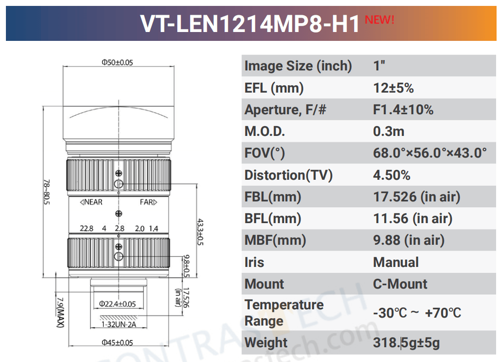 1'' C - MOUNT FIXED LENSE 8/12MP - Contrastech