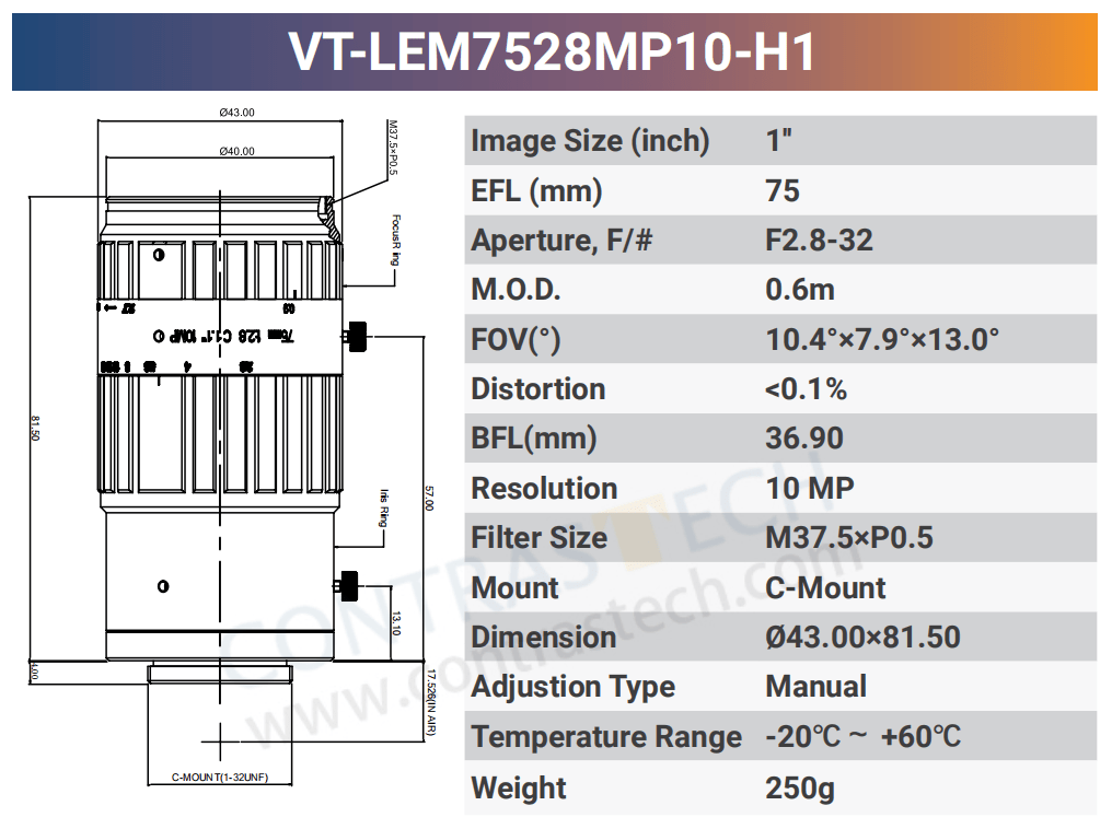 1'' C - MOUNT FIXED LENSE 8/12MP - Contrastech