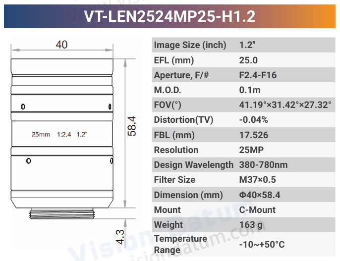 25MP 1.2'' High Resolution C-Mount Fixed Lens | 380-780nm VT-LEN-MP25-H1.2 - Contrastech