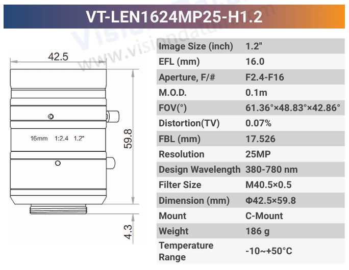 25MP 1.2'' High Resolution C-Mount Fixed Lens | 380-780nm VT-LEN-MP25-H1.2 - Contrastech