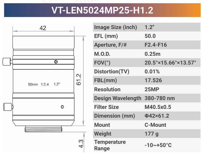 25MP 1.2'' High Resolution C-Mount Fixed Lens | 380-780nm VT-LEN-MP25-H1.2 - Contrastech