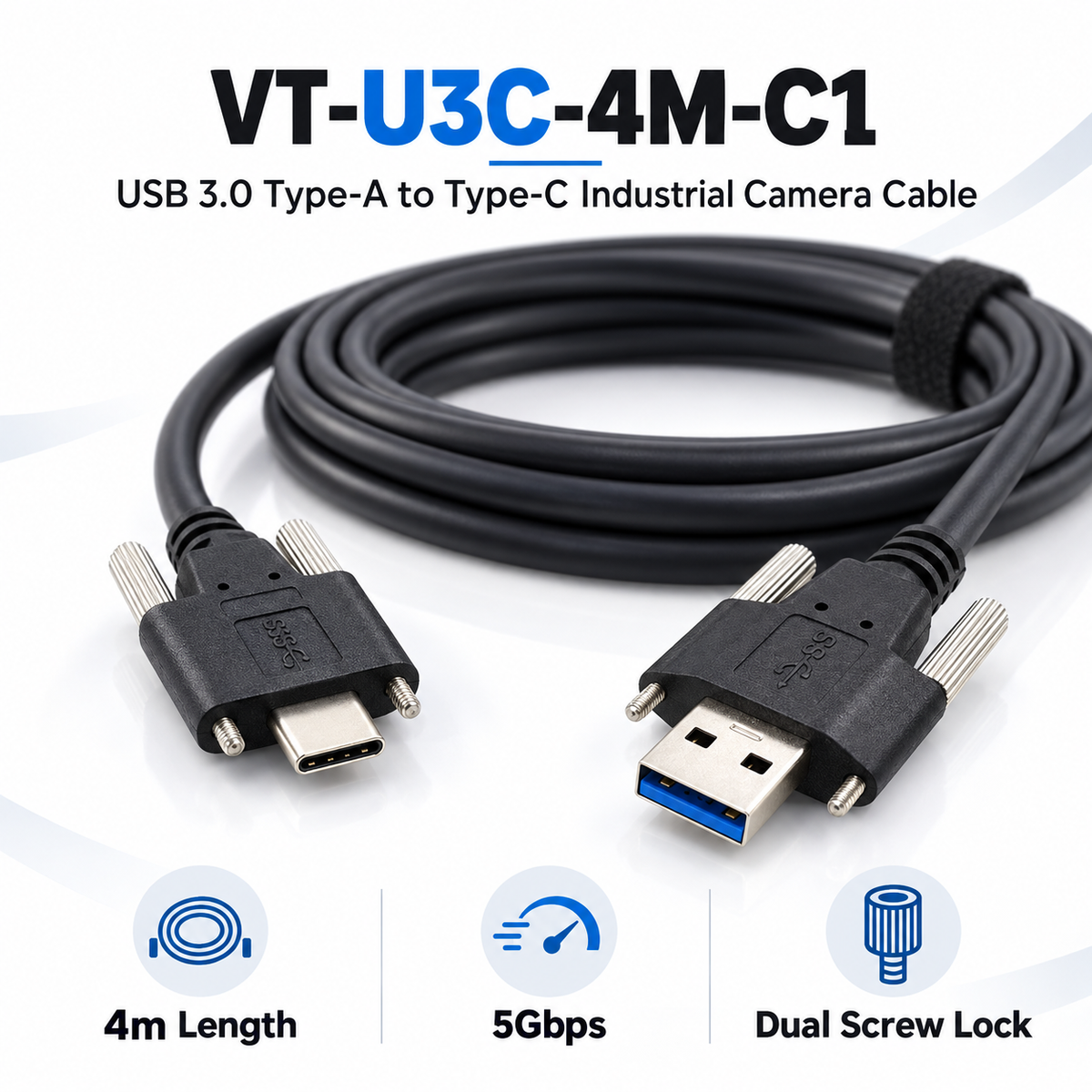 VT-U3C-4M-C1 4m USB 3.0 Type-A male to USB-C male industrial camera cable with screw locking