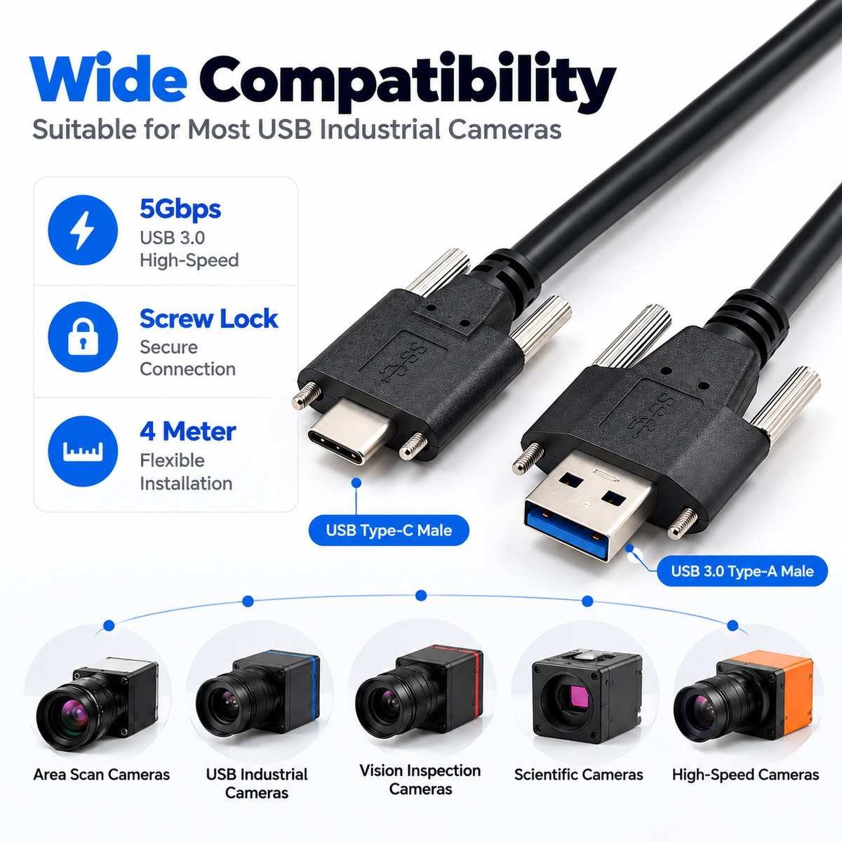 4m 5Gbps USB 3.0 Type-A to USB-C cable for industrial machine vision camera connectivity