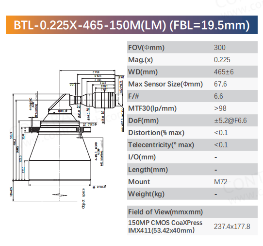 90-degree folded optical telecentric lens designed for compact machine vision systems with limited installation space