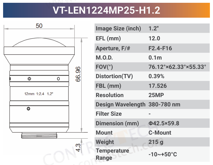 25MP 1.2'' High Resolution C-Mount Fixed Lens | 380-780nm VT-LEN-MP25-H1.2