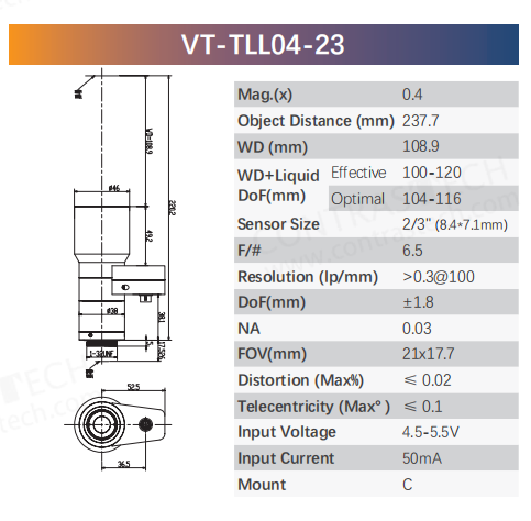 High-performance telecentric lens achieving MTF greater than 0.3 at 100 lp/mm for precision machine vision imaging