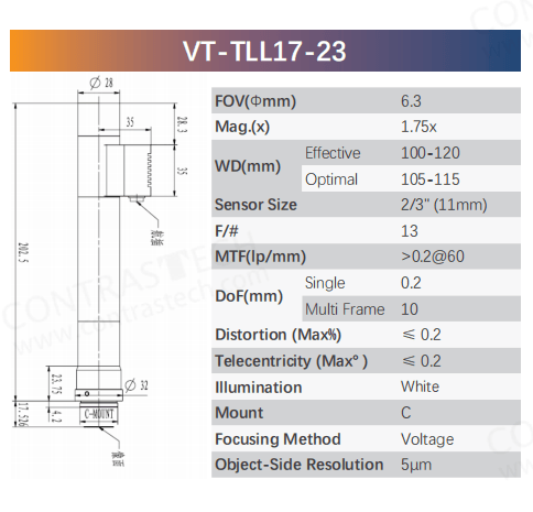 VT-TLL-23 Liquid Telecentric Lens | 2/3" C-Mount Electronic Focus Lens - Contrastech