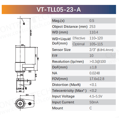 VT-TLL-23 liquid telecentric lens with electronic focus for precision inspection and machine vision, 0.4X–4.0X.